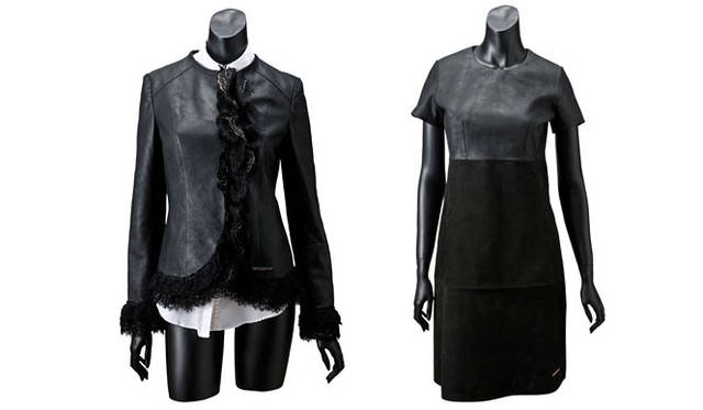 <strong>TOYO KITCHEN STYLE｜トーヨーキッチンスタイル</strong>　「La Couture TOYO KITCHEN STYLE」2014年秋冬デビューコレクション<br>左／Leather Jacket 14万2560円、右／Leather Onepiece 11万3400円