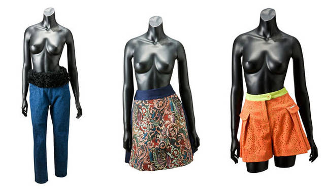 <strong>TOYO KITCHEN STYLE｜トーヨーキッチンスタイル</strong>　「La Couture TOYO KITCHEN STYLE」2014年秋冬デビューコレクション<br>左／Fur Denim 2万9160円、右／Layered Shorts 2万5920円