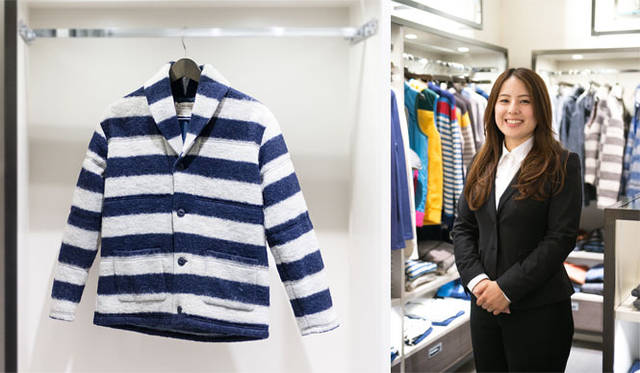 市川尚加さん（阪急メンズ東京4階 スタイルメイキングクラブ）<br />ジャケット1万5120円（コンフォートインデックス／阪急メンズ東京地下1階 肌着靴下ナイティ売場）