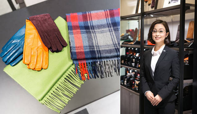 上垣舞子さん（阪急メンズ東京地下1階／紳士服飾品売場）<br />チェックマフラー1万2960円（ベグ）、無地マフラー3万4560円（コロンボ）、手袋・スエード1万6200円（アルタクラッセ）、オレンジ1万4040円（パルテノペア）、ブルー2万3760円（セルモネータ／阪急メンズ東京地下1階／紳士服飾品売場）