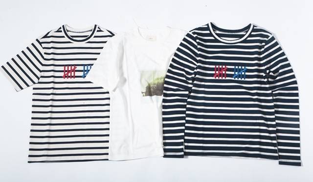 (左より）ボーダーのロング Tシャツ　2万2000円、ポラロイドのTシャツ　2万2000円、ボーダーのTシャツ　3万3000円（すべて税抜）