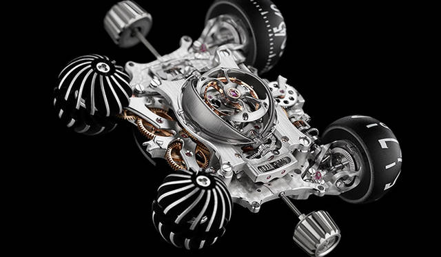 ムーブメントはHM6専用の3次元オロロジカルムーブメント。左側には、アルミニウム製ツインタービンを装備。