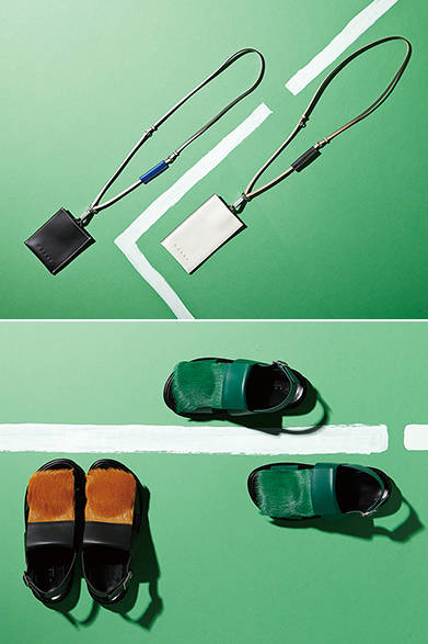 <strong>MARNI（マルニ）</strong>　ネックレスタイプの携帯ホルダーとカードケースなど、マルニならではの配色が楽しいレザーグッズコレクションが登場。さらに、ファーがフロントにあしらわれたフットベット（足のベット）といわれるマルニオリジナルサンダルはファン垂涎のアイテム。明るい色の厚手目なソックスとあわせて、2015年春夏コレクションを先取り。<br>上／カードケース3万3480円、携帯ケース3万5640円 ※阪急メンズ限定　下／ファー付きサンダル各7万8840円 ※左 阪急メンズ大阪限定、右 阪急メンズ東京4階限定（マルニ／阪急メンズ東京4階）