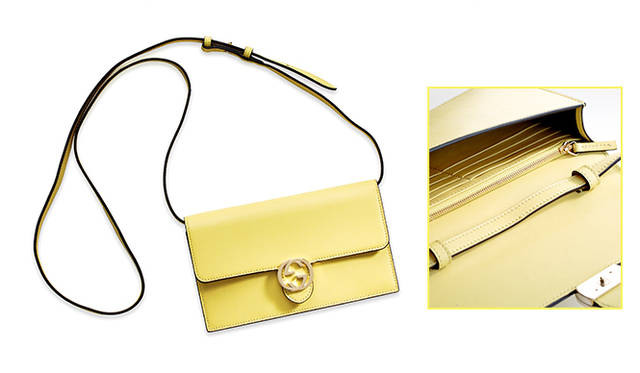 <strong>   GUCCI｜グッチ <br /> 春色に染まった「グッチ アイコン」</strong><br /><br /> Gの頭文字を組み合わせた“インターロッキングG”が目を引くグッチ アイコンシリーズからウォレットバッグが登場。ボックス型のシルエットのバッグには、細いレザーストラップを合わせ、愛らしいムードに仕上げている。5つの豊富なカラーバリエーションのなかからは、金運に効くとされるイエローをセレクトしたい。大きなマチを活かし、カードスロット、ファスナーポケットも備えている。 <br /><br /> [W19×H10×D3.5㎝]10万4760円<br /> グッチ／グッチ ジャパン カスタマーサービス Tel. 03-5469-6611