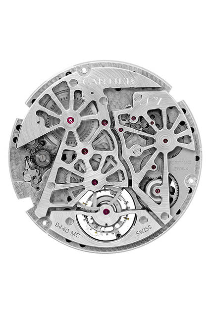 10 <strong>ロトンド ドゥ カルティエ アース&ムーン</strong><br />ムーブメント|手巻き(Cal.9440 MC)<br />機能|トゥールビヨン、オンデマンド式ムーンフェイズ(4時位置のボタンを押すと円盤がキャリッジを隠し、月齢を表示)、第2時間帯表示<br />
