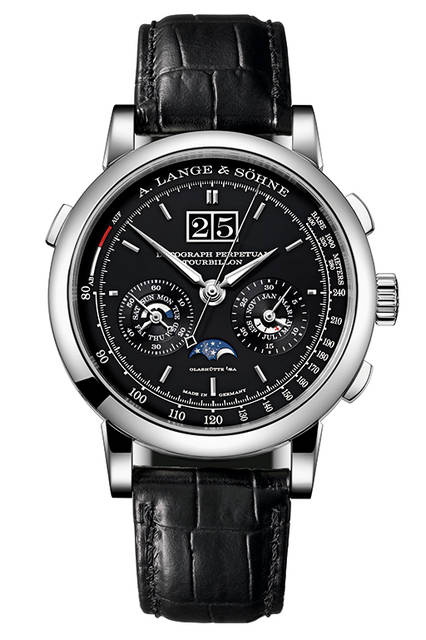 <strong>ダトグラフ・パーペチュアル・トゥールビヨン</strong><br />ケース｜プラチナ<br />直径｜41.5mm<br />厚さ｜14.6mm<br />ムーブメント｜手巻き（Cal.L952.2）<br />機能｜クロノグラフ（フライバック機能付き、12時間積算計、ステップ運針する30分積算計）、トゥールビヨン（ストップセコンド機能付き）、パーペチュアルカレンダー、アウトサイズデイト（2枚のディスクによる日付表示）、パワーリザーブ表示<br />ストラップ｜アリゲーター<br />防水｜3気圧<br />限定数｜100本<br />発売時期｜2016年10月予定<br />予価｜29万5000ユーロ