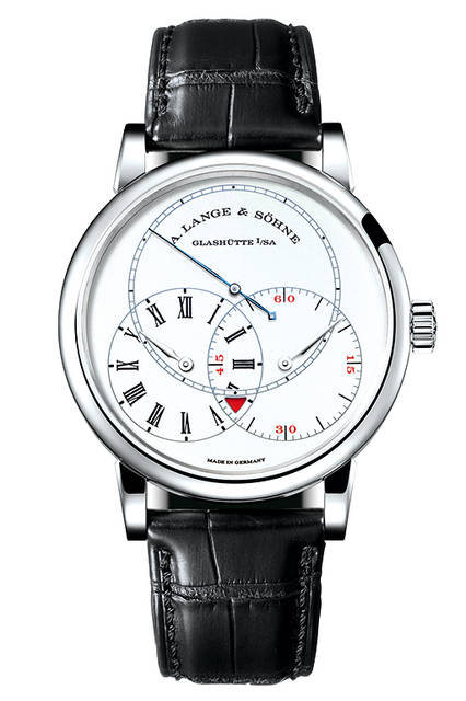 <strong>リヒャルト・ランゲ・ジャンピングセコンド</strong><br />ケース｜プラチナ<br />直径｜39.9mm<br />厚さ｜10.6mm<br />ムーブメント｜手巻き（Cal.L094.1）<br />機能｜レギュレーター、ジャンピングセコンド機構、ゼロリセット機構、コンスタントフォース機構、パワーリザーブ表示（ゼンマイ残量が10時間を切ると時計中央の三角の窓が赤に切り替わる）<br />ストラップ｜アリゲーター<br />防水｜3気圧<br />限定本数｜100本<br />発売時期｜2016年9月予定<br />予価｜7万8000ユーロ