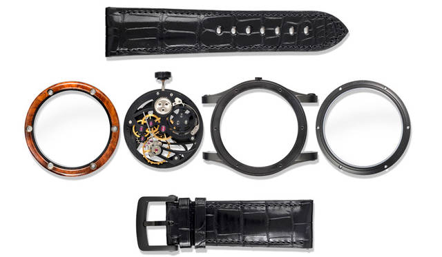 <strong>ラルフ ローレン RL オートモーティブ スケルトン</strong><br />ケース｜ウッド（インド紫檀）ベゼル＋ショットブラスト加工ステンレススチール<br />直径｜44.8mm<br />厚さ｜11.2mm<br />ムーブメント｜手巻き（Cal.RL1967）<br />パワーリザーブ｜約45時間<br />ストラップ｜ブラックアリゲーター<br />防水｜5気圧<br />価格｜524万8800円