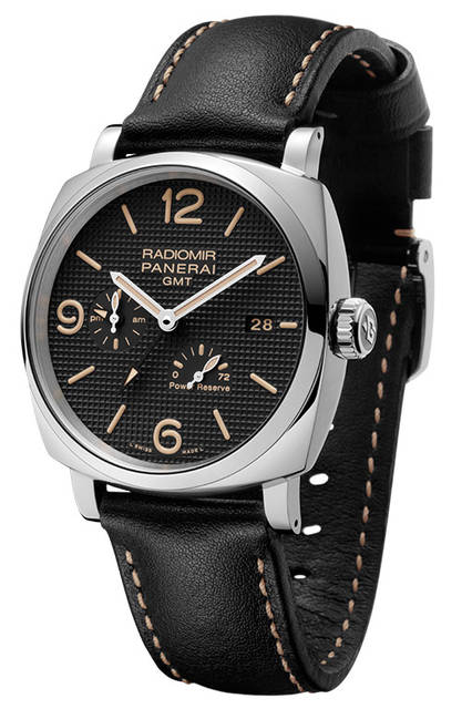 <strong>ラジオミール1940 スリーデイズ GMT<br />パワーリーザーブ オートマティック<br />アッチャイオ-45mm</strong><br />PAM00628<br />ケース｜ステンレススチール<br />直径｜45mm<br />ムーブメント｜自動巻き（Cal.P.4002）<br />機能｜第二時間帯表示、昼夜表示、パワーリザーブ表示（ムーブメント裏蓋側）、ゼロリセット機能、日付表示<br />ストラップ｜カーフ<br />防水｜10気圧<br />発売時期｜2016年夏予定