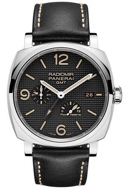 <strong>ラジオミール1940 スリーデイズ GMT<br />パワーリーザーブ オートマティック<br />アッチャイオ-45mm</strong><br />PAM00628<br />ケース｜ステンレススチール<br />直径｜45mm<br />ムーブメント｜自動巻き（Cal.P.4002）<br />機能｜第二時間帯表示、昼夜表示、パワーリザーブ表示（ムーブメント裏蓋側）、ゼロリセット機能、日付表示<br />ストラップ｜カーフ<br />防水｜10気圧<br />発売時期｜2016年夏予定