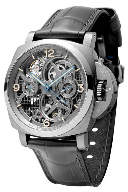 <strong>ロ・シェンツィアート ルミノール 1950<br />トゥールビヨン GMT チタニオ-47mm</strong><br />PAM00578<br />ケース｜チタニウム<br />直径｜47mm<br />ムーブメント｜手巻き（Cal.P.2005/T）<br />機能｜トゥールビヨン（垂直回転式）、第二時間帯表示、昼夜表示、パワーリザーブ表示（ムーブメント裏蓋側）<br />ストラップ｜アリゲーター<br />防水｜10気圧<br />限定本数｜150本<br />発売時期｜2016年冬予定