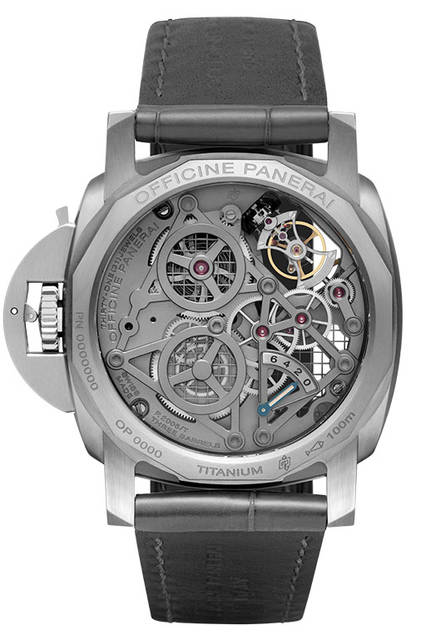 <strong>ロ・シェンツィアート ルミノール 1950<br />トゥールビヨン GMT チタニオ-47mm</strong><br />PAM00578<br />ケース｜チタニウム<br />直径｜47mm<br />ムーブメント｜手巻き（Cal.P.2005/T）<br />機能｜トゥールビヨン（垂直回転式）、第二時間帯表示、昼夜表示、パワーリザーブ表示（ムーブメント裏蓋側）<br />ストラップ｜アリゲーター<br />防水｜10気圧<br />限定本数｜150本<br />発売時期｜2016年冬予定