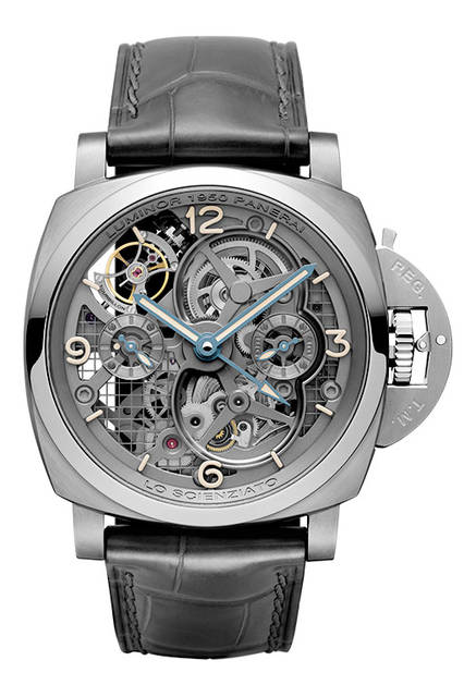 <strong>ロ・シェンツィアート ルミノール 1950<br />トゥールビヨン GMT チタニオ-47mm</strong><br />PAM00578<br />ケース｜チタニウム<br />直径｜47mm<br />ムーブメント｜手巻き（Cal.P.2005/T）<br />機能｜トゥールビヨン（垂直回転式）、第二時間帯表示、昼夜表示、パワーリザーブ表示（ムーブメント裏蓋側）<br />ストラップ｜アリゲーター<br />防水｜10気圧<br />限定本数｜150本<br />発売時期｜2016年冬予定