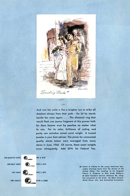 “A Diamond is Forever”のキャッチコピーで、ダイヤモンドが結婚の礎にふさわしい存在と知らしめた1947年当時の広告。
