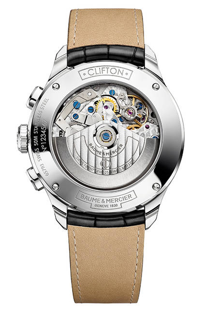 <strong>クリフトン クロノグラフ コンプリートカレンダー</strong><br />ケース｜ステレススチール<br />直径｜43mm<br />厚さ｜12mm<br />ムーブメント｜自動巻き（Cal.7751ベース）<br />機能｜クロノグラフ（12時間積算計、30分積算計）、トリプルカレンダー（日付表示、曜日表示、月表示）、ムーンフェイズ、24時間計<br />ストラップ｜アリゲーター<br />防水｜5気圧<br />発売時期｜2016年4月予定<br />予価｜53万5000円（税抜）