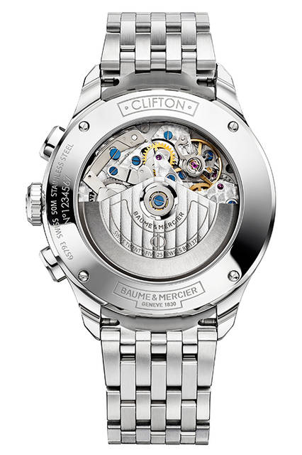 <strong>クリフトン クロノグラフ コンプリートカレンダー</strong><br .>ケース｜ステレススチール<br .>直径｜43mm<br .>厚さ｜12mm<br .>ムーブメント｜自動巻き（Cal.7751ベース）<br .>機能｜クロノグラフ（12時間積算計、30分積算計）、トリプルカレンダー（日付表示、曜日表示、月表示）、ムーンフェイズ、24時間計<br .>ブレスレット｜ステンレススチール<br .>防水｜5気圧<br .>発売時期｜2016年4月予定<br .>予価｜54万5000円（税抜）