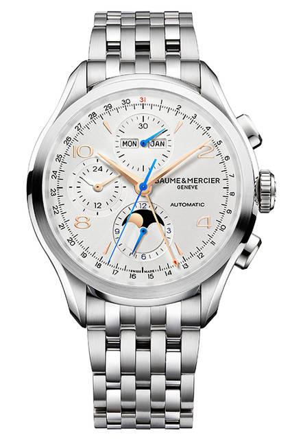 <strong>クリフトン クロノグラフ コンプリートカレンダー</strong><br .>ケース｜ステレススチール<br .>直径｜43mm<br .>厚さ｜12mm<br .>ムーブメント｜自動巻き（Cal.7751ベース）<br .>機能｜クロノグラフ（12時間積算計、30分積算計）、トリプルカレンダー（日付表示、曜日表示、月表示）、ムーンフェイズ、24時間計<br .>ブレスレット｜ステンレススチール<br .>防水｜5気圧<br .>発売時期｜2016年4月予定<br .>予価｜54万5000円（税抜）