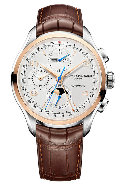 <strong>クリフトン クロノグラフ コンプリートカレンダー</strong><br .>ケース｜ステレススチール<br .>直径｜43mm<br .>厚さ｜12mm<br .>ムーブメント｜自動巻き（Cal.7751ベース）<br .>機能｜クロノグラフ（12時間積算計、30分積算計）、トリプルカレンダー（日付表示、曜日表示、月表示）、ムーンフェイズ、24時間計<br .>ストラップ｜アリゲーター<br .>防水｜5気圧<br .>発売時期｜2016年4月予定<br .>予価｜59万円（税抜）