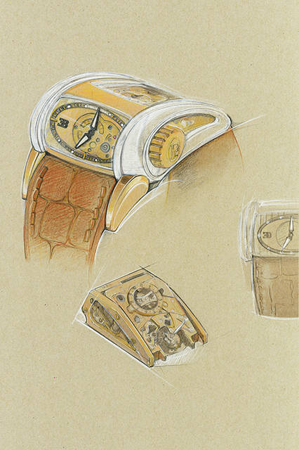 <strong>ブガッティ スーパースポーツ サファイア</strong><br />ケース｜18Kローズゴールド＋サファイアクリスタル<br />サイズ｜縦50.25×横37.1mm<br />厚さ｜23.2mm<br />ムーブメント｜手巻き（Cal.PF374）<br />機能｜パワーリザーブ表示<br />ストラップ｜アリゲーター（エルメス製）<br />防水｜10m<br />発売時期｜入荷未定<br />予価｜6812万5000円(税別）