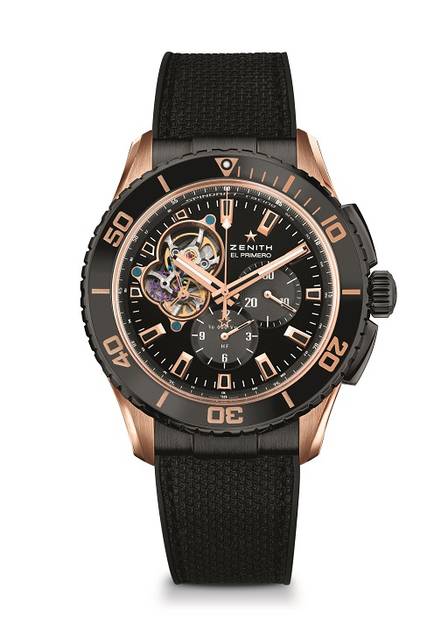 <strong>エル・プリメロ<br />ストラトス スピンドリフト</strong><br />Ref.86.2060.4061/21.R573<br />ケース｜18Kローズゴールド（DLC加工のチタン製プッシュボタン）<br />直径｜45mm<br />厚さ｜14.10mm<br />ムーブメント｜自動巻き（エル・プリメロ4061）<br />パワーリザーブ｜50時間以上<br />防水｜10気圧<br />価格｜243万円<br />