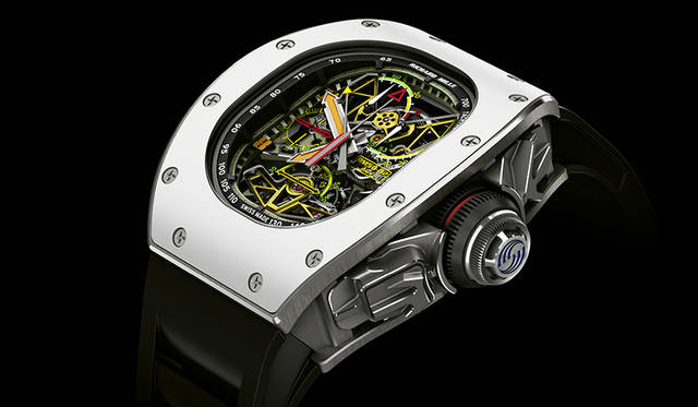 <strong>RM 50-02 ACJ トゥールビヨン スプリットセコンド クロノグラフ</strong><br />ケース｜チタン・アルミニウム合金、ATZ®ホワイトベゼル<br />サイズ｜縦50.1×横42.7mm<br />厚さ｜16.5mm<br />ムーブメント｜手巻き（Cal.RM50-02）<br />機能｜トゥールビヨン、スプリットセコンドクロノグラフ（60分積算計）、パワーリザーブインジケーター、トルクインジケーター、ファンクションインジケーター<br />ストラップ｜ラバー<br />防水｜50m<br />限定数｜30本（ブティック限定）<br />発売時期｜2016年 年内予定<br />予価｜1億3120万円（税別）