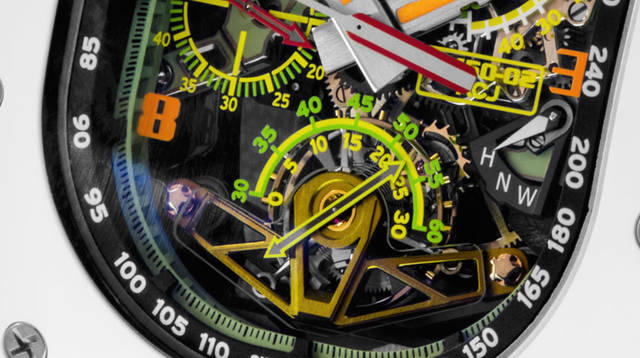 <strong>RM 50-02 ACJ トゥールビヨン スプリットセコンド クロノグラフ</strong><br />ケース｜チタン・アルミニウム合金、ATZ®ホワイトベゼル<br />サイズ｜縦50.1×横42.7mm<br />厚さ｜16.5mm<br />ムーブメント｜手巻き（Cal.RM50-02）<br />機能｜トゥールビヨン、スプリットセコンドクロノグラフ（60分積算計）、パワーリザーブインジケーター、トルクインジケーター、ファンクションインジケーター<br />ストラップ｜ラバー<br />防水｜50m<br />限定数｜30本（ブティック限定）<br />発売時期｜2016年 年内予定<br />予価｜1億3120万円（税別）