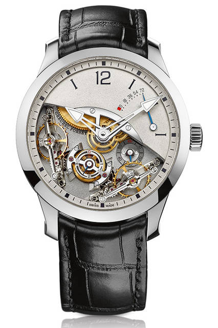 <strong>ダブルバランシエール</strong><br />ケース｜18Kホワイトゴールドケース<br />直径｜43mm<br />厚さ｜11.38mm<br />ムーブメント｜手巻き（Cal.GF04）<br />機能｜テンプおよびヒゲゼンマイの二重搭載、ゼンマイトルクを保つためのコンスタントディファレンシャル機構、パワーリザーブ表示<br />ストラップ｜アリゲーター<br />防水｜3気圧<br />限定数｜33本<br />発売時期｜2016年5月<br />予価｜35万スイスフラン（税別）