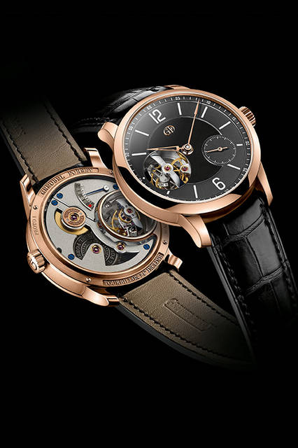 <strong>トゥールビヨン 24セコンズ・ビジョン</strong><br />ケース｜18Kレッドゴールド<br />直径｜43.5mm<br />厚さ｜13.65mm（3時位置の裏ブタドーム部は16.03mm）<br />ムーブメント｜手巻き（Cal.GF01r）<br />機能｜トゥールビヨン（24秒周期）、パワーリザーブ表示（裏ブタ側）<br />ストラップ｜アリゲーター<br />防水｜3気圧<br />発売時期｜2016年5月<br />予価｜29万スイスフラン（税別）