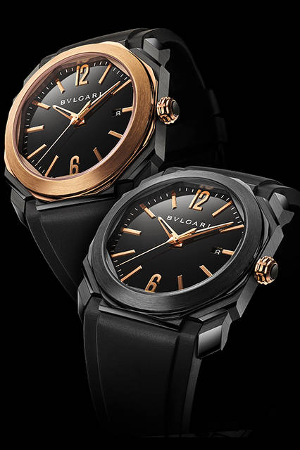 <strong>オクト ウルトラネロ ソロテンポ</strong>（写真左）<br />ケース｜ブラックDLC加工ステンレススチール＋18Kピンクゴールドベゼル<br />直径｜41mm<br />厚さ｜10.6mm<br />ムーブメント｜自動巻き（Cal.193）<br />機能｜日付表示<br />ストラップ｜ラバー<br />防水｜100ｍ<br />発売時期｜2016年4月予定<br />予価｜122万円（税別）<br /><br /><strong>オクト ウルトラネロ ソロテンポ</strong>（写真右）<br />ケース｜ブラックDLC加工ステンレススチール<br />直径｜41mm<br />厚さ｜10.6mm<br />ムーブメント｜自動巻き（Cal.193）<br />機能｜日付表示<br />ストラップ｜ラバー<br />防水｜100ｍ<br />発売時期｜2016年4月予定<br />予価｜000万円（税別）<br /><br />