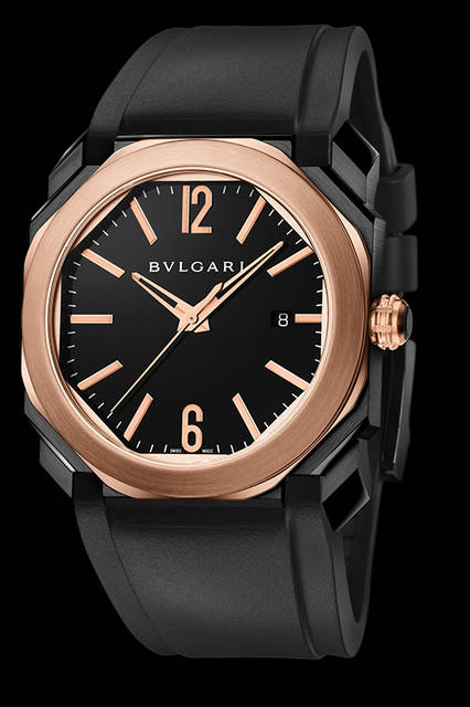 <strong>オクト ウルトラネロ</strong><br />ケース｜ブラックDLC加工ステンレススチール＋18Kピンクゴールドベゼル<br />直径｜41mm<br />厚さ｜10.6mm<br />ムーブメント｜自動巻き（Cal.193）<br />機能｜日付表示<br />ストラップ｜ラバー<br />防水｜100ｍ<br />発売時期｜2016年4月予定<br />予価｜122万円（税別）