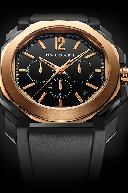 <strong>オクト ヴェロチッシモ</strong><br />ケース｜ブラックDLC加工SS＋18Kピンクゴールドベゼル（リューズ部分は18Kピンクゴールド）<br />直径｜41mm<br />厚さ｜13.07mm<br />ムーブメント｜自動巻き（ヴェロチッシモCal.BVL328）<br />機能｜クロノグラフ<br />ストラップ｜ラバー<br />防水｜100ｍ<br />発売時期｜2016年4月予定<br />予価｜122万円（税別）