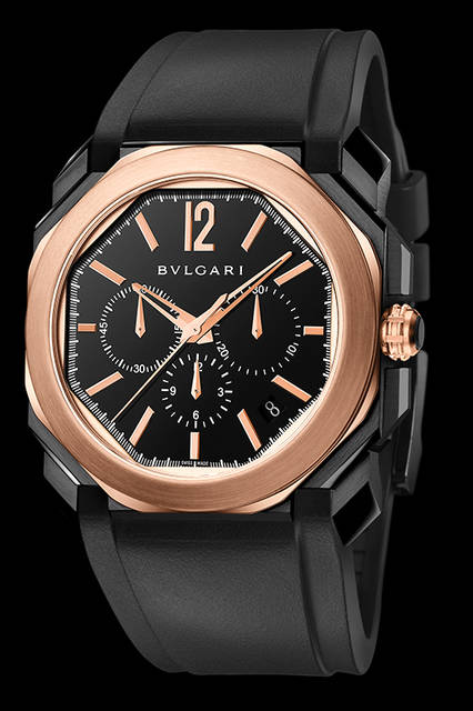 <strong>オクト ヴェロチッシモ</strong><br />ケース｜ブラックDLC加工SS＋18Kピンクゴールドベゼル（リューズ部分は18Kピンクゴールド）<br />直径｜41mm<br />厚さ｜13.07mm<br />ムーブメント｜自動巻き（ヴェロチッシモCal.BVL328）<br />機能｜クロノグラフ<br />ストラップ｜ラバー<br />防水｜100ｍ<br />発売時期｜2016年4月予定<br />予価｜122万円（税別）