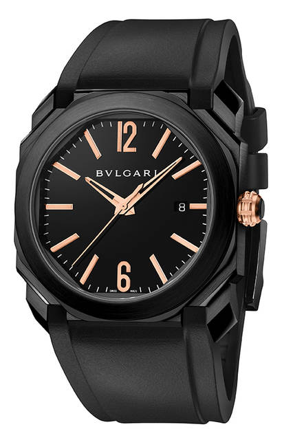 <strong>オクト ウルトラネロ</strong><br />ケース｜ブラックDLC加工ステンレススチール＋18Kピンクゴールドベゼル<br />直径｜41mm<br />厚さ｜10.6mm<br />ムーブメント｜自動巻き（Cal.193）<br />機能｜日付表示<br />ストラップ｜ラバー<br />防水｜100ｍ<br />発売時期｜2016年4月予定<br />予価｜122万円（税別）<br />