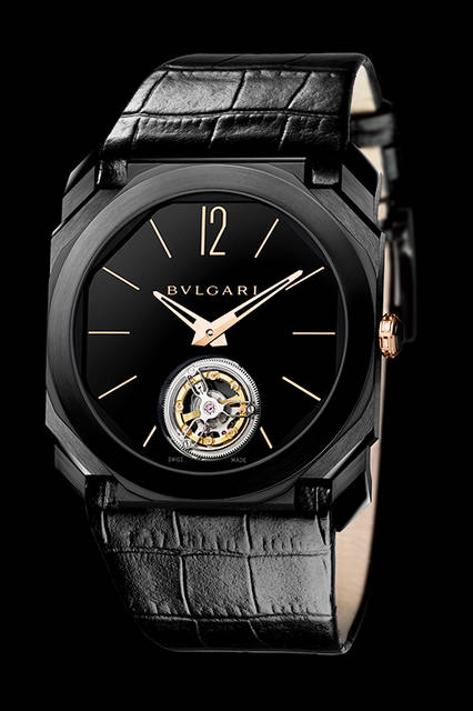 <strong>オクト フィニッシモ トゥールビヨン</strong><br />ケース｜ブラックDLC加工チタン（リューズ部分は18Kピンクゴールド）<br />直径｜40mm<br />厚さ｜5mm<br />ムーブメント｜手巻き（Cal.BVL268）<br />機能｜フライングトゥールビヨン<br />ストラップ｜ブラックアリゲーター<br />防水｜30ｍ<br />発売時期｜2016年10月予定<br />予価｜1400万円（税別）