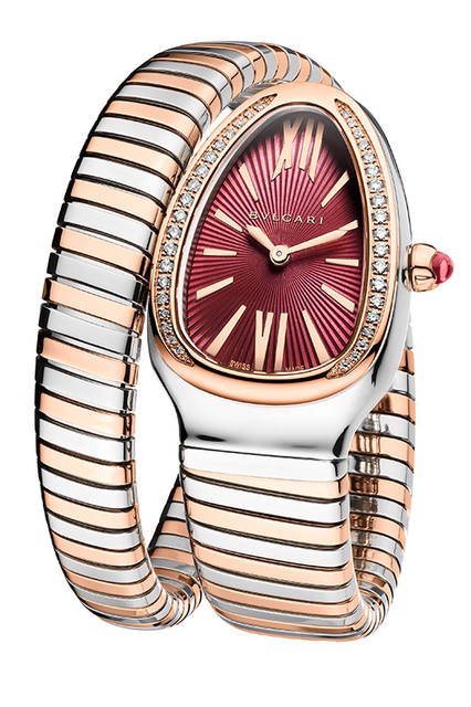 <strong>セルペンティ ツボガス</strong><br />ケース｜ステンレススチール＋18Kピンクゴールド<br />直径｜35mm<br />ムーブメント｜クォーツ<br />ブレスレット｜ステンレススチール＋18Kピンクゴールド<br />発売時期｜2016年2月予定<br />価格｜138万円（税別）