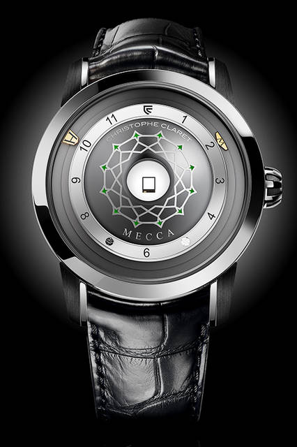 <strong>メッカ</strong><br />ケース｜アントラサイトPVD加工グレード5チタン<br />直径｜44mm<br />厚さ｜18.49mm<br />ムーブメント｜自動巻き（Cal.AVE15）<br />ストラップ｜アリゲーター<br />防水｜3気圧<br />限定数｜63本<br />発売時期｜未定<br />予価｜900万円（税別）