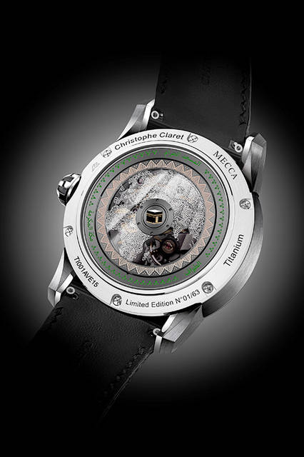 <strong>メッカ</strong><br />ケース｜アントラサイトPVD加工グレード5チタン<br />直径｜44mm<br />厚さ｜18.49mm<br />ムーブメント｜自動巻き（Cal.AVE15）<br />ストラップ｜アリゲーター<br />防水｜3気圧<br />限定数｜63本<br />発売時期｜未定<br />予価｜900万円（税別）