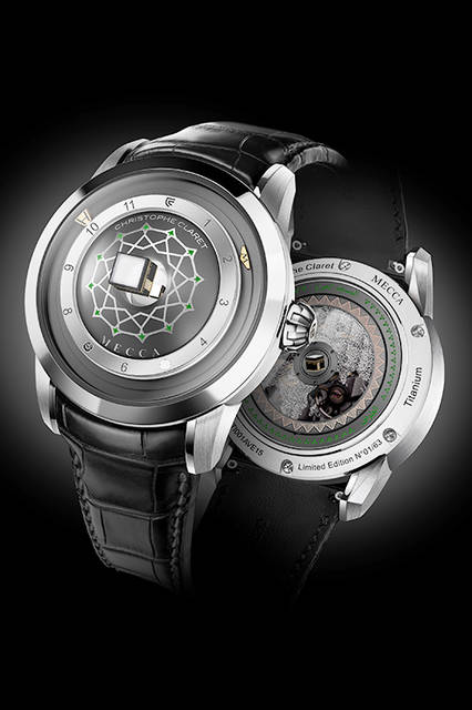 <strong>メッカ</strong><br />ケース｜アントラサイトPVD加工グレード5チタン<br />直径｜44mm<br />厚さ｜18.49mm<br />ムーブメント｜自動巻き（Cal.AVE15）<br />ストラップ｜アリゲーター<br />防水｜3気圧<br />限定数｜63本<br />発売時期｜未定<br />予価｜900万円（税別）