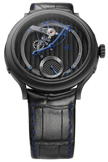 <strong>1770 ヴォルティージュ プリュム・ノワール</strong><br />ケース｜ブラックPVD加工ステンレススチール<br />直径｜45mm<br />厚さ｜13.8mm<br />ムーブメント｜手巻き（Cal.MR05）<br />機能｜文字盤上に脱進機を配置<br />ストラップ｜アリゲーター<br />防水｜3気圧<br />限定数｜38本<br />発売時期｜未定<br />予価｜550万円（税別）