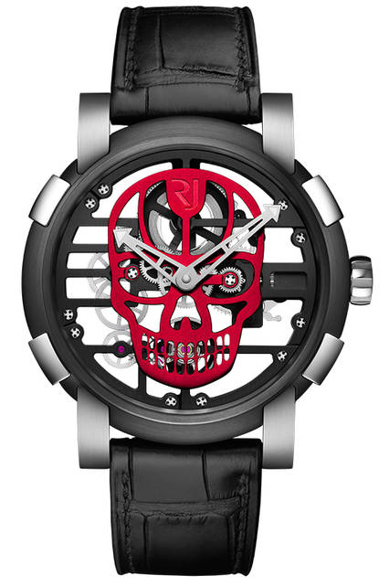 <strong>スカイラブ48 スピードメタル スカル</strong><br />ケース｜ステンレススチール＋ブラックPVD加工ステンレススチールベゼル（スチールはアポロ11号の素材を含有）<br />直径｜48mm<br />ムーブメント｜手巻き（Cal.RJ004-M）<br />ストラップ｜ブラックアリゲーター<br />防水｜3気圧<br />限定数｜スカル12色×各9本<br />発売時期｜発売中<br />価格｜300万円（税別）