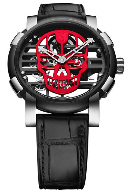 <strong>スカイラブ48 スピードメタル スカル</strong><br />ケース｜ステンレススチール＋ブラックPVD加工ステンレススチールベゼル（スチールはアポロ11号の素材を含有）<br />直径｜48mm<br />ムーブメント｜手巻き（Cal.RJ004-M）<br />ストラップ｜ブラックアリゲーター<br />防水｜3気圧<br />限定数｜スカル12色×各9本<br />発売時期｜発売中<br />価格｜300万円（税別）