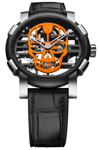 <strong>スカイラブ48 スピードメタル スカル</strong><br />ケース｜ステンレススチール＋ブラックPVD加工ステンレススチールベゼル（スチールはアポロ11号の素材を含有）<br />直径｜48mm<br />ムーブメント｜手巻き（Cal.RJ004-M）<br />ストラップ｜ブラックアリゲーター<br />防水｜3気圧<br />限定数｜スカル12色×各9本<br />発売時期｜発売中<br />価格｜300万円（税別）