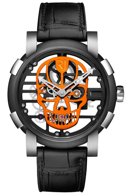 <strong>スカイラブ48 スピードメタル スカル</strong><br />ケース｜ステンレススチール＋ブラックPVD加工ステンレススチールベゼル（スチールはアポロ11号の素材を含有）<br />直径｜48mm<br />ムーブメント｜手巻き（Cal.RJ004-M）<br />ストラップ｜ブラックアリゲーター<br />防水｜3気圧<br />限定数｜スカル12色×各9本<br />発売時期｜発売中<br />価格｜300万円（税別）