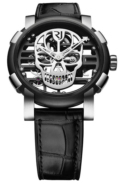 <strong>スカイラブ48 スピードメタル スカル</strong><br />ケース｜ステンレススチール＋ブラックPVD加工ステンレススチールベゼル（スチールはアポロ11号の素材を含有）<br />直径｜48mm<br />ムーブメント｜手巻き（Cal.RJ004-M）<br />ストラップ｜ブラックアリゲーター<br />防水｜3気圧<br />限定数｜スカル12色×各9本<br />発売時期｜発売中<br />価格｜300万円（税別）