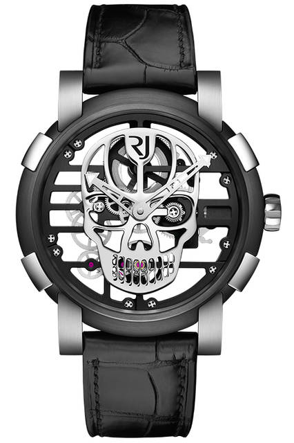 <strong>スカイラブ48 スピードメタル スカル</strong><br />ケース｜ステンレススチール＋ブラックPVD加工ステンレススチールベゼル（スチールはアポロ11号の素材を含有）<br />直径｜48mm<br />ムーブメント｜手巻き（Cal.RJ004-M）<br />ストラップ｜ブラックアリゲーター<br />防水｜3気圧<br />限定数｜スカル12色×各9本<br />発売時期｜発売中<br />価格｜300万円（税別）