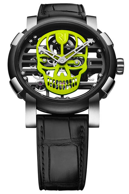 <strong>スカイラブ48 スピードメタル スカル</strong><br />ケース｜ステンレススチール＋ブラックPVD加工ステンレススチールベゼル（スチールはアポロ11号の素材を含有）<br />直径｜48mm<br />ムーブメント｜手巻き（Cal.RJ004-M）<br />ストラップ｜ブラックアリゲーター<br />防水｜3気圧<br />限定数｜スカル12色×各9本<br />発売時期｜発売中<br />価格｜300万円（税別）