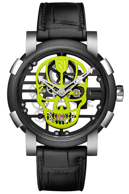 <strong>スカイラブ48 スピードメタル スカル</strong><br />ケース｜ステンレススチール＋ブラックPVD加工ステンレススチールベゼル（スチールはアポロ11号の素材を含有）<br />直径｜48mm<br />ムーブメント｜手巻き（Cal.RJ004-M）<br />ストラップ｜ブラックアリゲーター<br />防水｜3気圧<br />限定数｜スカル12色×各9本<br />発売時期｜発売中<br />価格｜300万円（税別）