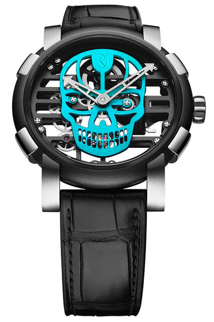 <strong>スカイラブ48 スピードメタル スカル</strong><br />ケース｜ステンレススチール＋ブラックPVD加工ステンレススチールベゼル（スチールはアポロ11号の素材を含有）<br />直径｜48mm<br />ムーブメント｜手巻き（Cal.RJ004-M）<br />ストラップ｜ブラックアリゲーター<br />防水｜3気圧<br />限定数｜スカル12色×各9本<br />発売時期｜発売中<br />価格｜300万円（税別）