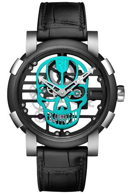 <strong>スカイラブ48 スピードメタル スカル</strong><br />ケース｜ステンレススチール＋ブラックPVD加工ステンレススチールベゼル（スチールはアポロ11号の素材を含有）<br />直径｜48mm<br />ムーブメント｜手巻き（Cal.RJ004-M）<br />ストラップ｜ブラックアリゲーター<br />防水｜3気圧<br />限定数｜スカル12色×各9本<br />発売時期｜発売中<br />価格｜300万円（税別）