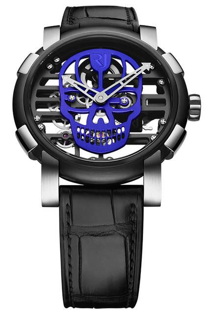 <strong>スカイラブ48 スピードメタル スカル</strong><br />ケース｜ステンレススチール＋ブラックPVD加工ステンレススチールベゼル（スチールはアポロ11号の素材を含有）<br />直径｜48mm<br />ムーブメント｜手巻き（Cal.RJ004-M）<br />ストラップ｜ブラックアリゲーター<br />防水｜3気圧<br />限定数｜スカル12色×各9本<br />発売時期｜発売中<br />価格｜300万円（税別）